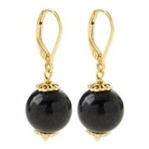 Jade of Yesteryear Charcoal Black Bead Drop Earrings Gold pl Sterling Silver hsn